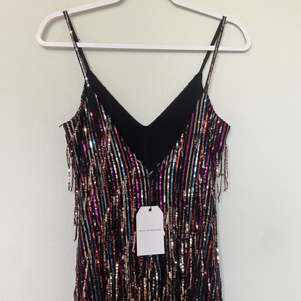 DRESS THE POPULATION Yvonne Rainbow Sequin Fringe Midi Dress Sz Medium - Picture 10 of 12